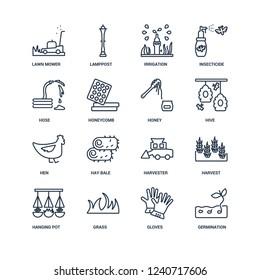 Germination, Gloves, Grass, Hanging pot, Harvest, Lawn mower, Hose, Hen, Honey outline vector icons from 16 set