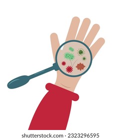 Gérmenes y bacterias personajes en la mano humana a través de la lupa. Virus infecciosos y microbios bajo el lupa. Ilustración vectorial del concepto de higiene