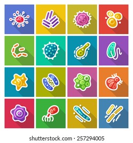Germs and Bacteria Flat Icons Set for Medical Design. Isolated on White Background.