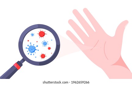 Germs, bacterias and viruses on dirty hand palm vector illustration isolated on white background. Palm and viruses visible with magnifier glass. Wash your hand personal hygiene concept.