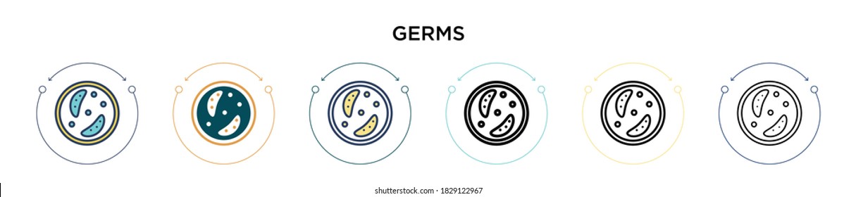 Icono de gérmenes en el estilo relleno, delgado, contorno y trazo. Ilustración vectorial de dos iconos vectores de gérmenes de color y negro se puede utilizar para móviles, ui, web