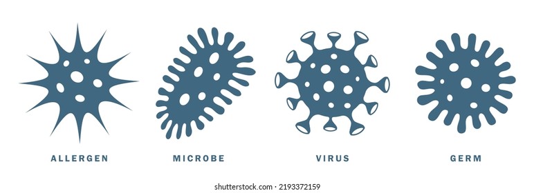 Germs icons, virus microbe allergen isolated on white background, flat illustration of microbes shapes.