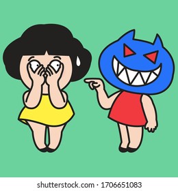 Germs Monster Girl Choosing And Pointing Her Finger At Scared Girl. Woman Feeling Unsafe From Spreading Virus, Covers Own Mouth And Nose With Hands Concept Card Character illustration