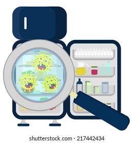 Germs on refrigerator full. Germs in crowded refrigerator enlarged by a magnifying glass