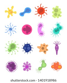 Germs Set. Flu Virus Toxin Cells Microbes Amoeba Epidemiology Bacteria Disease Germ Flu Cell Microbiology Isolated Vector Set