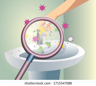 Germs under magnifier glass concept on sinks. Risk of spreading illness by dirty infected palm with microscopic viruses and bacteria. Flat style