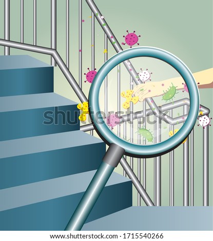 Germs under magnifier glass concept on banister. Risk of spreading illness by dirty infected palm with microscopic viruses and bacteria. Flat style