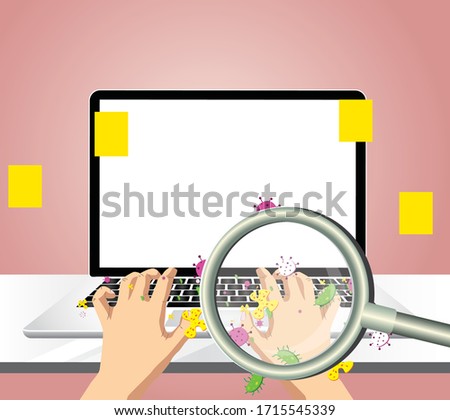 Germs under magnifier glass concept on computer. Risk of spreading illness by dirty infected palm with microscopic viruses and bacteria. Flat style