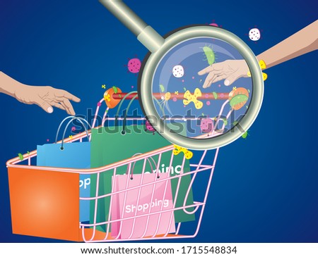 Germs under magnifier glass concept on shopping cart. Risk of spreading illness by dirty infected palm with microscopic viruses and bacteria. Flat style