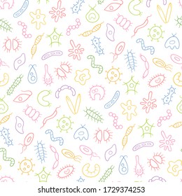 Germs, virus, bacterias and pathogen icons. Abstract color seamless vector pattern on white background