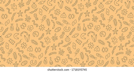 Germs, virus, bacterias and pathogen. Microbes and protozoa. Seamless vector pattern in linear style