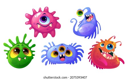 Germs, viruses and bacteria cartoon characters with cute funny faces. Smiling pathogen microbes or monsters with big eyes, colorful cells with teeth and tongues isolated vector illustration, icons set