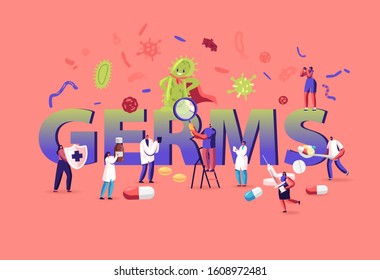 Germs and Viruses Concept. People Protecting from Huge Green Microbe. Male and Female Characters Attack Virus with Medicine and Vaccine Poster Banner Flyer Brochure. Cartoon Flat Vector Illustration