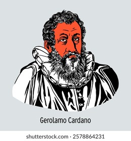 Gerolamo Cardano was an Italian mathematician, engineer, philosopher, physician, and astrologer. He published works on algebra, probability theory, and mechanics. Hand-drawn vector illustration