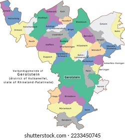 Gerolstein verbandsgemeinde map of Vulkaneifel district Rhineland-Palatinate state in Germany. Vectored. Colors shamrock, concrete, polo blue, drover, orchid, silver, caramel