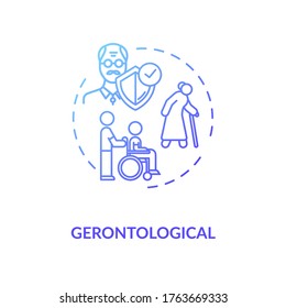 Gerontology concept icon. Community service idea thin line illustration. Aged people care and security. Pensioners caregiving program. Vector isolated outline RGB color drawing