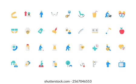 Gerontology, elderly care and retirement activity for old citizens, rest color icon set. Exercises and diet for grandma and grandpa, walk with cane and wheelchair flat elements vector illustration