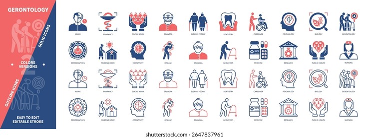 Conjunto de ícones de gerontologia. Envelhecimento, Doença, Idosos, Odontologia, Psicologia, Lar De Enfermagem, Geriatria, Farmácia. Ícones de contorno sólido e editável de cor duotônica