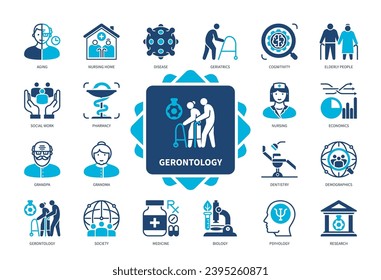 Gerontologie-Symbol-Set. Altern, Gesellschaft, Ältere Menschen, Demographie, Psychologie, Pflegeheim, Geriatrie, Kognitivität. Duotone-Farbsymbole