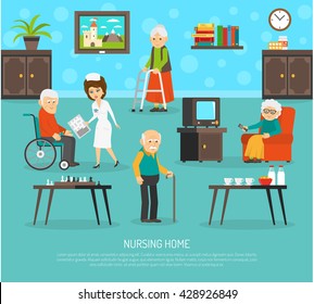 Gerontology Nursing Flat Poster With Personal Skilled Assistant Aid  In Old People Home Flat Poster Abstract Vector Illustration