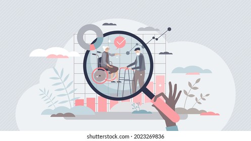 Gerontology as social community aging information study tiny person concept. Aged people research for physical aspects and retirement process vector illustration. Old resident life wellness and care.