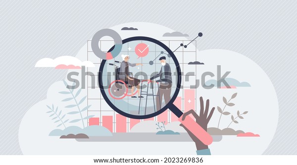 Gerontology as social community aging information\
study tiny person concept. Aged people research for physical\
aspects and retirement process vector illustration. Old resident\
life wellness and\
care.