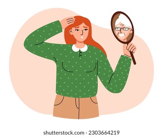 Gerontophobia, phobia psychology concept. Young woman holds a mirror and looks at her aging reflection and afraid of getting old. Flat vector illustration.