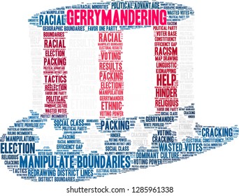 Gerrymandering word cloud on a white background. 
