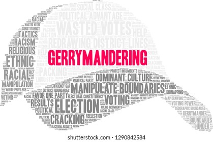 Gerrymandering word cloud on a white background. 