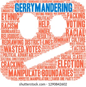 Gerrymandering word cloud on a white background. 