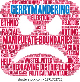 Gerrymandering word cloud on a white background. 