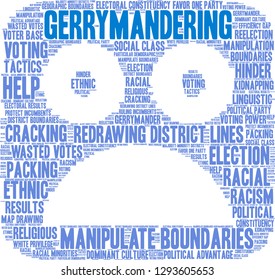 Gerrymandering word cloud on a white background. 