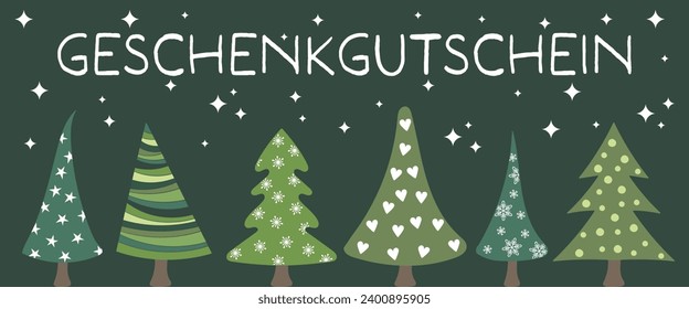 Geschenkgutschein - text in German - Gift Voucher. Voucher card with fir trees.