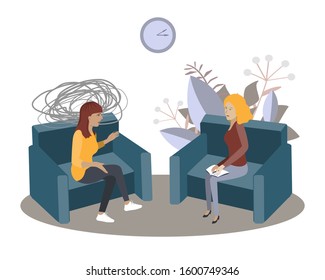 Gestalt psychotherapy session vector illustration. Woman psychologist and crying woman patient. Work with feelings and emotions, society psychiatry concept