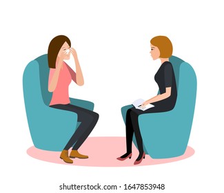 Gestalt psychotherapy session vector illustration. Woman psychologist and crying woman patient. Work with feelings and emotions, society psychiatry concept