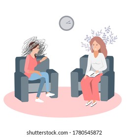 Gestalt psychotherapy session vector illustration. Woman psychologist and talking worried woman patient. Work with feelings and emotions, society psychiatry concept.