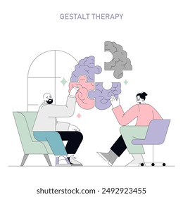 Gestalt therapy concept. Two individuals collaboratively connect puzzle pieces into the shape of a brain, symbolizing psychological integration. Vector illustration.