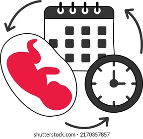 Edad gestacional o Feto Semana y reloj de tiempo Diseño de iconos vectores, Símbolo de fertilización in vitro, Signo de embarazo y obstetricia, tubo de ensayo para el procedimiento del bebé ilustración de stock,Concepto de ciclo de creación del bebé