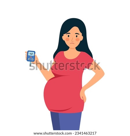 Gestational diabetes concept vector illustration. Sad pregnant woman with blood sugar level test in flat design.