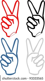 Gesticulate hand victory sign "V", "Victory" - set of cartoon vector illustrations isolated on white background. Stickers