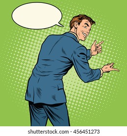 Gesticulating man back pop art retro vector illustration. Sign language