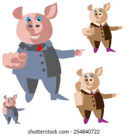 Gesticulating pigs in suits and ties. Fingers in different positions. Set.