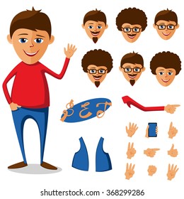 Gesticulating young man.
Options for individuals. Options palms.
Additional vest.
Cartoon. Flat. Set.