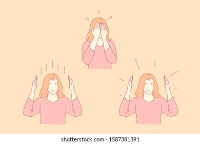 Gesticulation, game, different emotions concept. Opposite feelings, surprise, question, riddle, young woman covering face with palms, contrary facial expressions. Simple flat vector