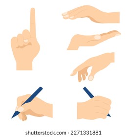 Gesticulation. The hand writes, holds and points. Set of hands in different gestures.