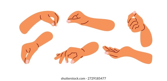 Gesticulação. Mãos humanas em diferentes posições, ilustração vetorial plana mostrando gestos variados e poses para uso em aplicativos, guias e materiais educacionais. Estilo Doodle mãos humanas isoladas.