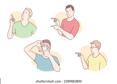 Gesticulation, pose demonstration, pantomime concept. Young men gesticulating with arms, confident guys pointing hands, silent signs, positive emotions, game, entertainment. Simple flat vector