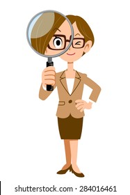 Gesture be seen in the magnifying glass of the woman who wears glasses that work in the company