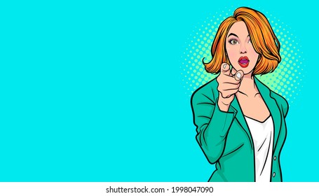 Gesture Business Woman Pointing Finger At You Pop Art Retro Comic Style.