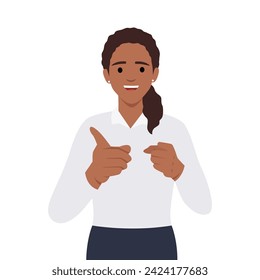 Gesture business woman pointing finger at you. Flat vector illustration isolated on white background